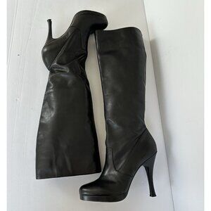 BCBGeneration BG-DISHY Leather Boots 7B Black High Heel Knee Height Witchy Goth‎